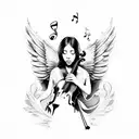 Angel mujer tocando el violín rodeada por partituras musicales incluso en las alas  tattoo design idea