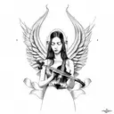 Angel mujer tocando el violín rodeada por partituras musicales incluso en las alas  tattoo design idea