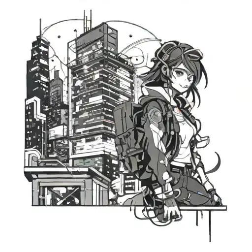 An anime character exploring a futuristic cityscape filled with neon lights and technology tattoo design idea