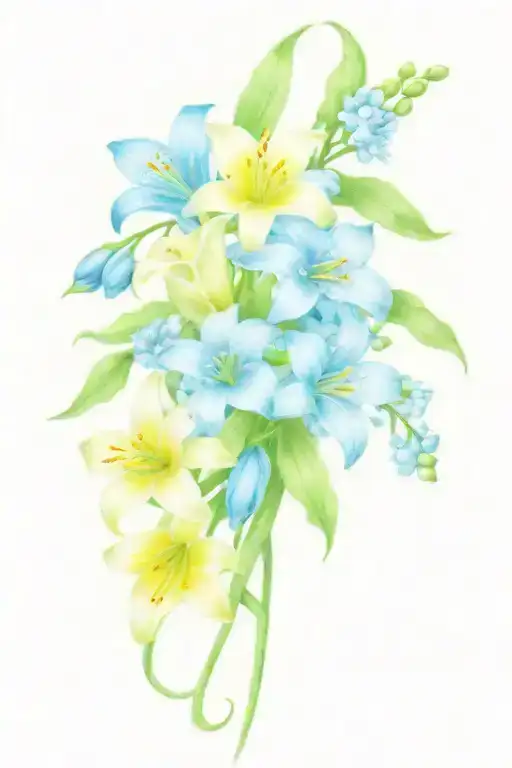 A bouqet of flowers intertwined including a daisy, lily of the valley, sweet pea and aster tattoo design idea