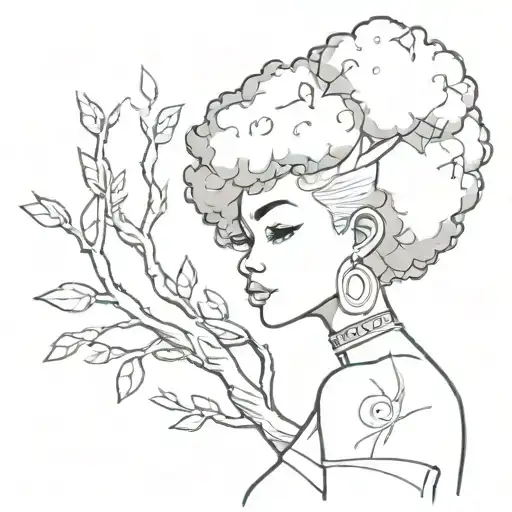Soft african anime girl with big Afro like the crown of a tree tattoo design idea