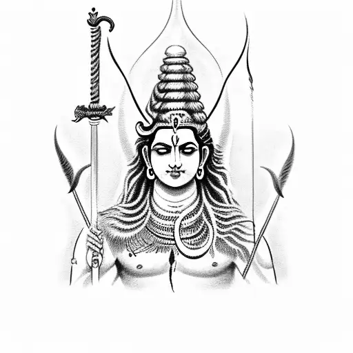 lord shiva with his trident on in background with slogan om namah parvati patah har har mahadev tattoo design idea