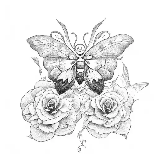 moth with roses, pansies, and deadly nightshade tattoo design idea