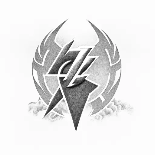 A stylized AC/DC logo with a lightning bolt, set against a backdrop of a sunset over the sea tattoo design idea
