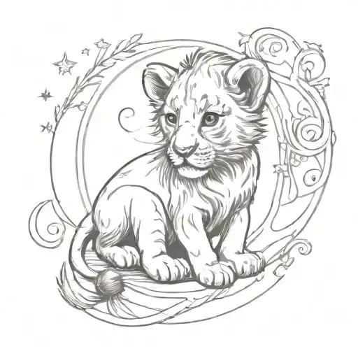 A baby lion with a crescent moon and heartbeat line wrapping around it tattoo design idea