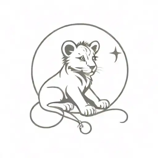 A baby lion with a crescent moon and heartbeat line wrapping around it tattoo design idea
