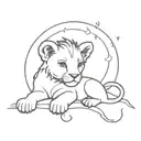A baby lion with a crescent moon and heartbeat line wrapping around it tattoo design idea