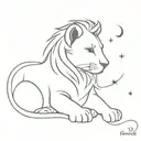 A baby lion with a crescent moon and heartbeat line wrapping around it tattoo design idea