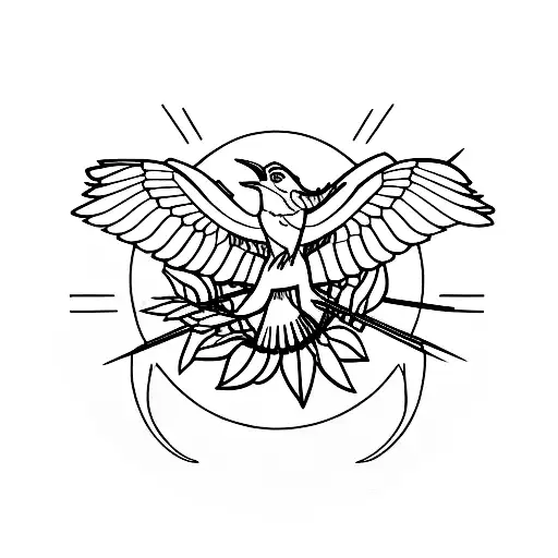 circle with katniss and primrose flowers inside it tattoo design idea