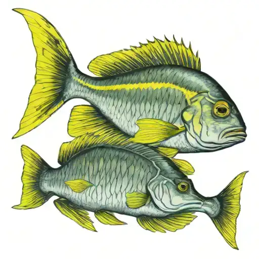 school of yellow snapper fish, all moving in the same direction, small space between the fish.  tattoo design idea