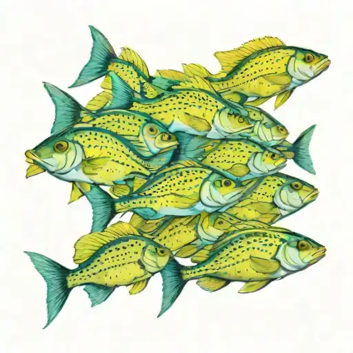 school of yellow snapper fish, around 15 fish, all moving in the same direction, small space between the fish tattoo design idea