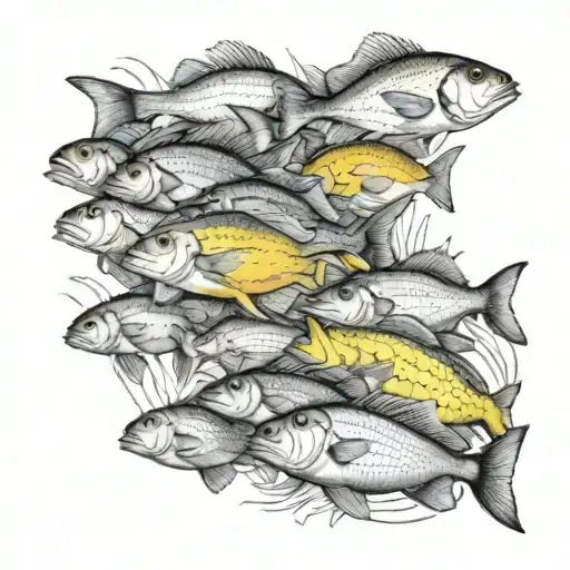 school of fish, yellow snapper, maybe 15 fish, realistic style  tattoo design idea