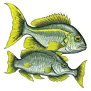 school of yellow snapper fish, all moving in the same direction, small space between the fish.  tattoo design idea