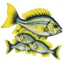 school of yellow snapper fish, all moving in the same direction, small space between the fish.  tattoo design idea