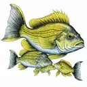 school of yellow snapper fish, all moving in the same direction, small space between the fish.  tattoo design idea