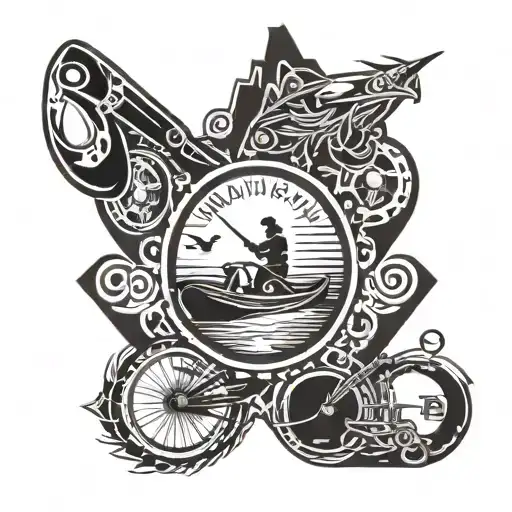 half circle tattoo with fishing and canoeing on the top and dirt bikes and pistons at the bottom tattoo design idea