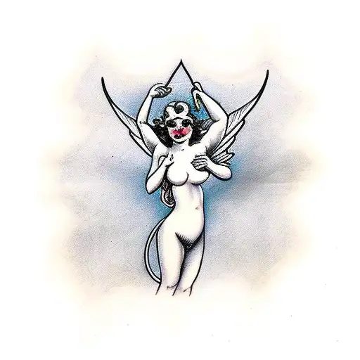 beautiful nude woman cupid devil wings pulling back arrow ready to release tattoo design idea