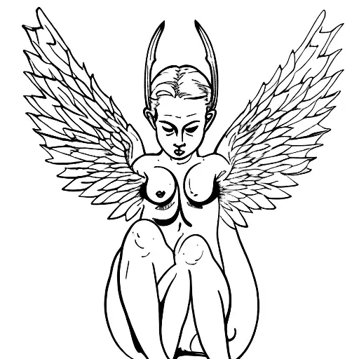 beautiful nude woman cupid devil wings pulling back arrow ready to release tattoo design idea