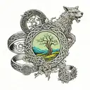 celtic rings and celtic female druids qith landscape background tattoo design idea