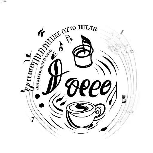 A coffee cup with a Bible verse written around it, surrounded by musical instruments tattoo design idea