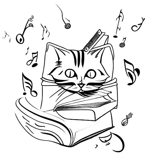 An open book with a cat sitting on top, surrounded by music notes tattoo design idea