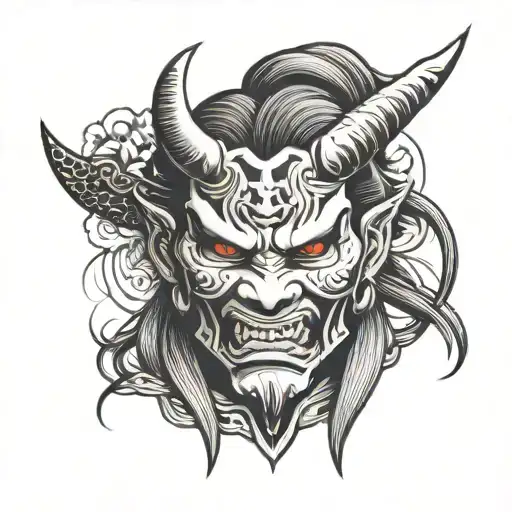 Oni mask samurai girl face tattoo design idea