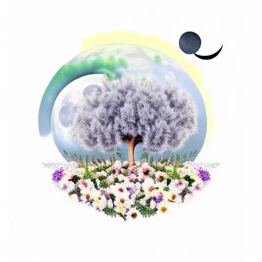 Olive tree in a field of Dahlia flowers with the moon in the background tattoo design idea