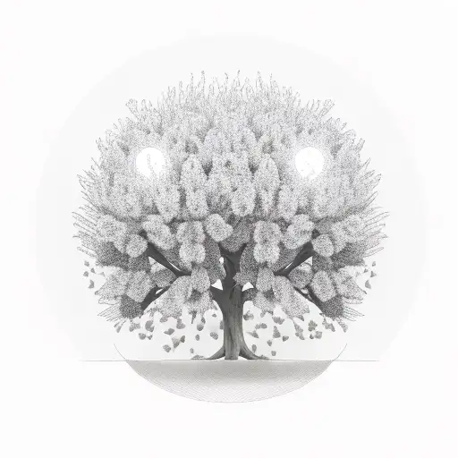 olive tree in a field of dahlia flowers with the moon in the background tattoo design idea