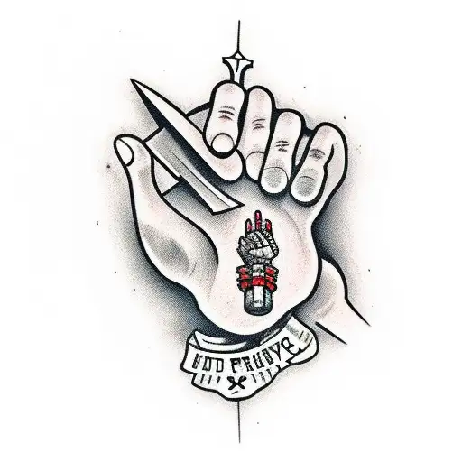 praying hands cut off with an axe tattoo design idea