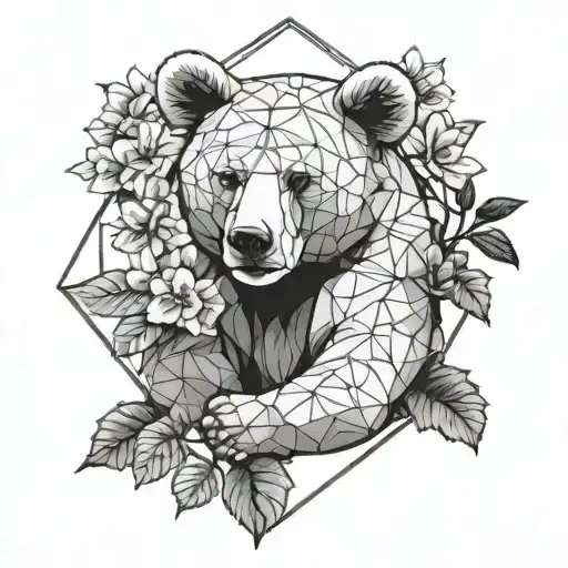honey bear standing next to bougainvillea flowers tattoo design idea