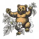 honey bear standing next to bougainvillea flowers tattoo design idea