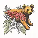 honey bear standing next to bougainvillea flowers tattoo design idea