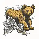 honey bear standing next to bougainvillea flowers tattoo design idea