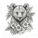 honey bear standing next to bougainvillea flowers tattoo design idea