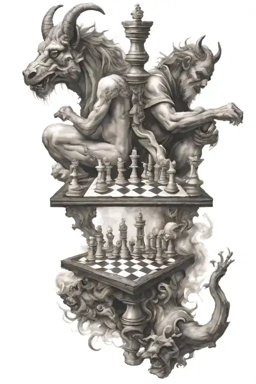 god and devil play chess with human figures tattoo design idea