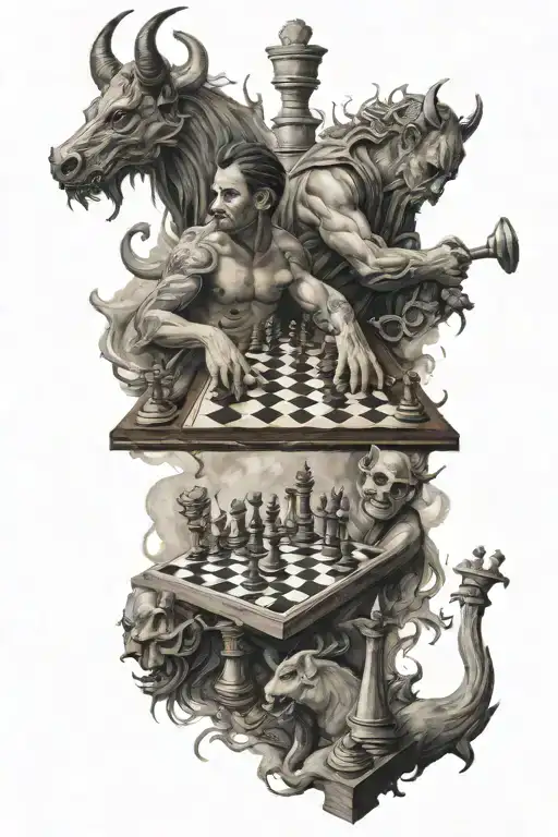 god and devil play chess with human figures tattoo design idea