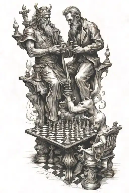 god and devil play chess with human figures tattoo design idea