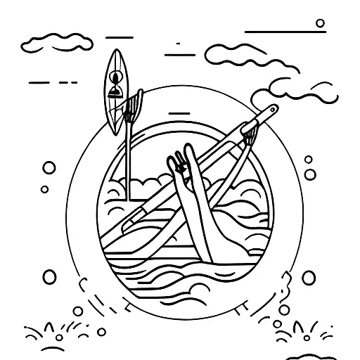two people waving from a kayak on the lake with reflection in the water tattoo design idea