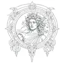 Create a sketch of a symbolic representation of Ancient Greek mythology intertwined with architectural elements tattoo design idea