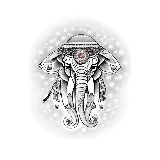 mano de fatima, elefante, ojo orion, flor loto tattoo design idea
