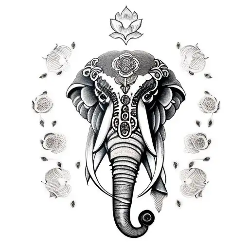 mano de fatima, elefante, ojo, flor loto tattoo design idea