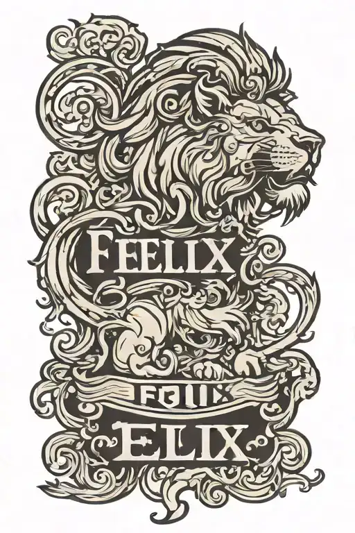 half lion divided half name "Felix"  tattoo design idea