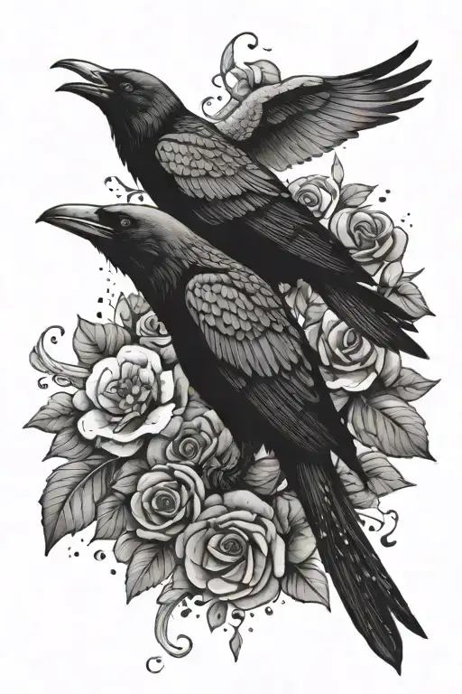 crows with flowers and snake  tattoo design idea