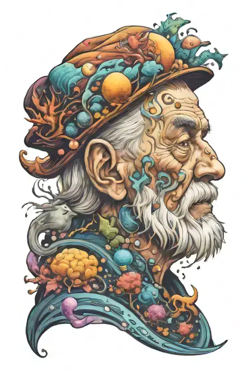cosmic wandering old man tattoo design idea