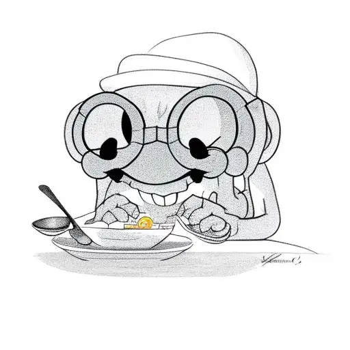 luigi sitting on a table and eating a soup with a spoon  tattoo design idea