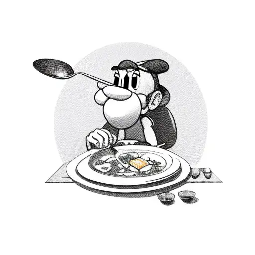 luigi sitting on a table and eating a soup with a spoon  tattoo design idea