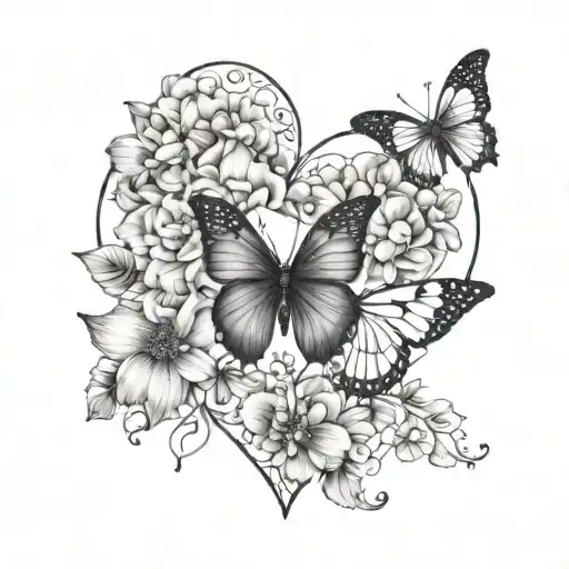 beautiful mandala heart with butterflies and flowers, delicate shading and soft lines tattoo design idea