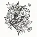 beautiful mandala heart with butterflies and flowers, delicate shading and soft lines tattoo design idea