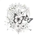 beautiful mandala heart with butterflies and flowers, delicate shading and soft lines tattoo design idea