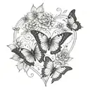 beautiful mandala heart with butterflies and flowers, delicate shading and soft lines tattoo design idea